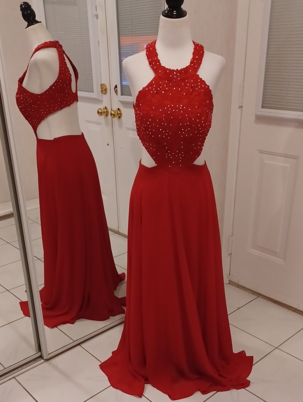 Betsy & Adam Red Beaded Backless Halter Evening Gown - Size 6
